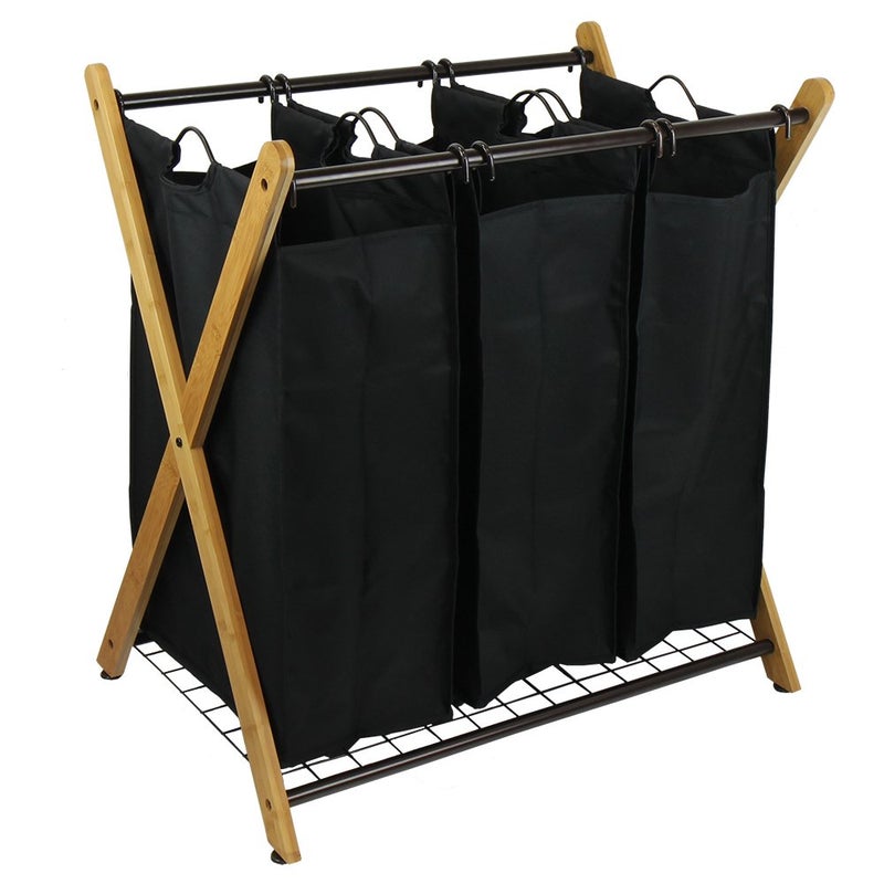 Oceanstar XBS1484 Bamboo 3-Bag Laundry Sorter Black, 29.75 in. H x 19.10 in. W x 27 in. - Image 1